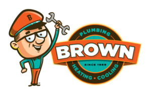 Logo of "brown plumbing heating & cooling" featuring a cartoon plumber with a wrench, since 1968.