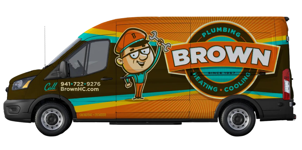 A Brown Plumbing, Heating & Cooling service van features a cartoon plumber holding a wrench, company logo, phone number, and website on a colorful graphic background, highlighting expert cooling and plumbing services in Palmetto, Florida.